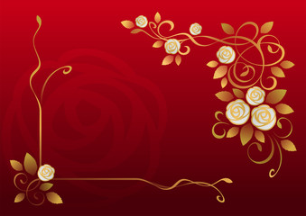 White roses and golden leaves on red background