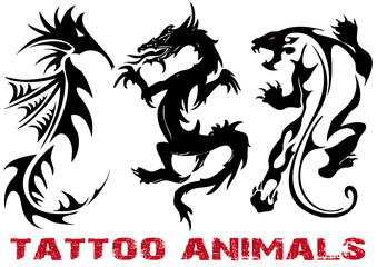 vector illustration tattoo dragon, lion, seahorse © ferin