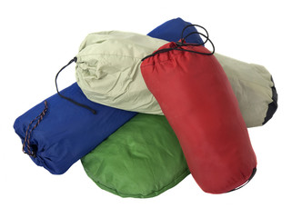 colorful bags with camping equipment