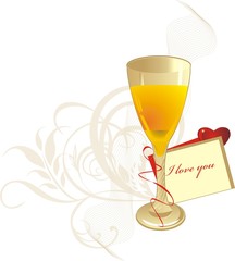 Glass and valentines card. Romantic composition. Vector