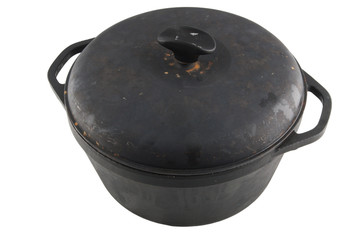 cast-iron cauldron with cover isolated on white