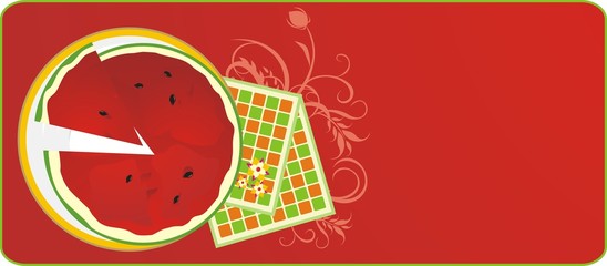 Watermelon and serviettes. Background for menu. Vector