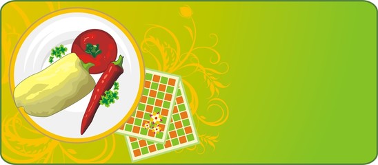 Vegetables on a dish. Background for banner. Vector