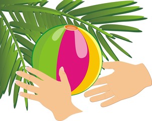 Hands, ball and branch of palm. Vector