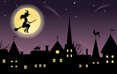 Witch flying over a town.