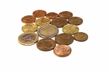 A few euro coins on white background