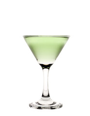 A cocktail glass with green liquid in it.
