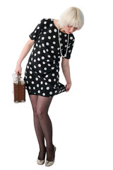 lovely woman posing with retro suitcase isolated on white