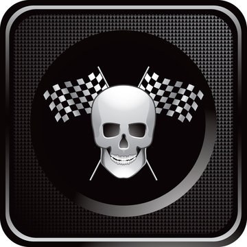 Skull and crossed racing flags on black web icon