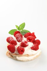 Pancakes with curd cheese and raspberries