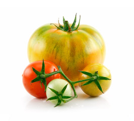 Ripe Wet Red and Green Tomatoes Isolated on White