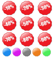 Collection of colored discount tags with percent numbers.