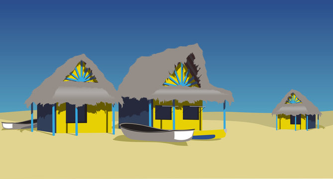 Colorful beach huts on a caribbean beach