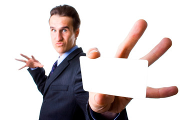 man representing business card on white