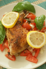 organic tomato salad with roasted chicken and lemon