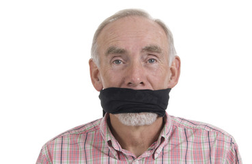 Old man with gag over mouth - obrazy, fototapety, plakaty