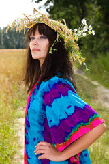 woman and flowers on her head