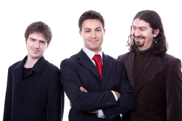 three happy business men together as a team