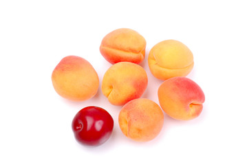 Ripe apricots and plums on white