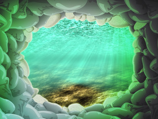 Stone cave under water in beams of the sun