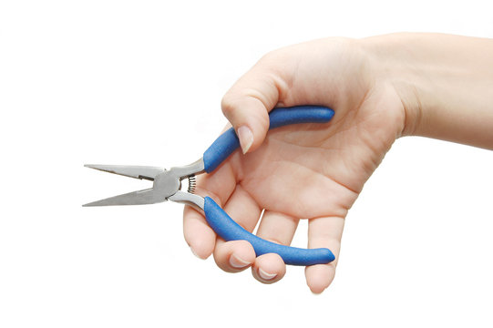 hand taking a flat-nose plier over white background