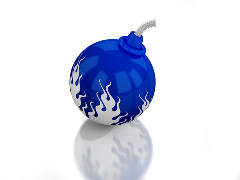 3D blue bomb with flame on white background