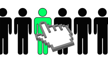 Hand pixel cursor selects person from row of people