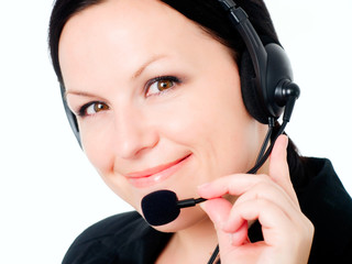 closeup of smiling brunette woman talking by headphone
