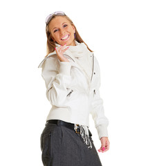 merry woman in white jacket