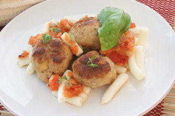meat ball with pasta and organic tomato