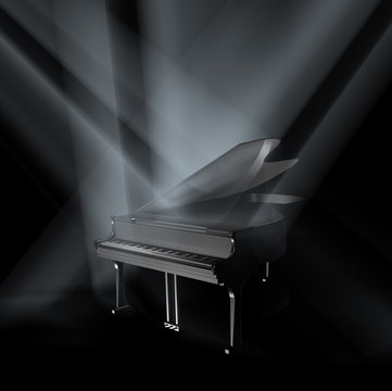 Piano on stage in spot lights.