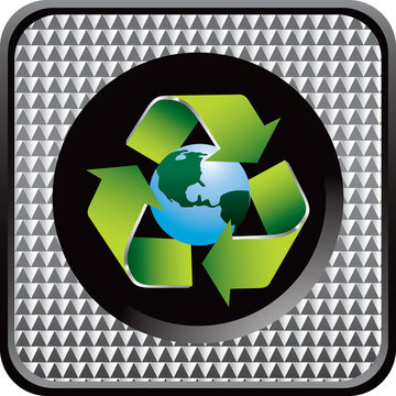 Recycle symbol around earth checkered web button