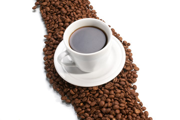 Cup with coffee, costing on coffee grain