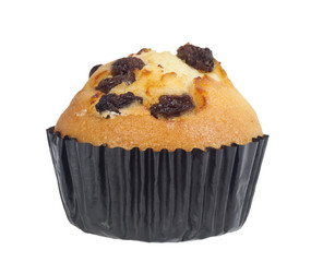 Raisin muffin isolated on white background