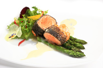 Rosemary roasted salmon served with asparagus