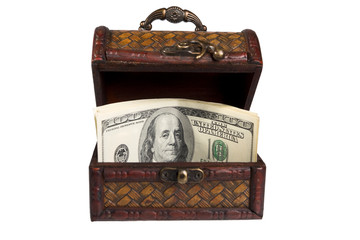 opened wooden casket with money isolated on the white background
