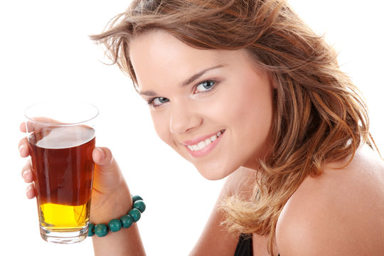 Young Woman In Bikini Drinking Ice Tea