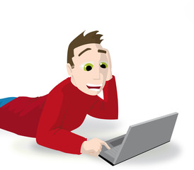 homme devant laptop fond blanc