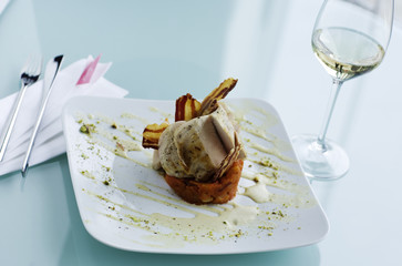 roast on potato cake