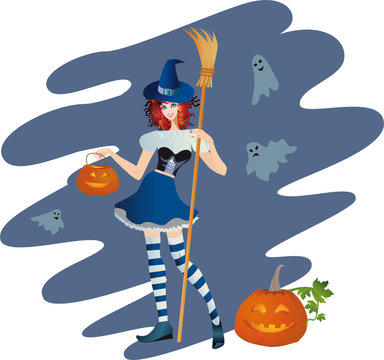 Merry young witch with a pumpkin