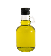 Olive oil in original bottle on a white background close-up