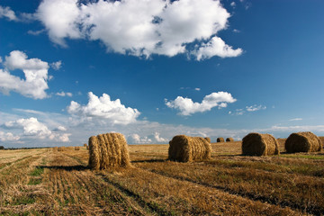 Hay roll and clouds