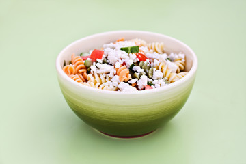 Fusilli salad with feta cheese and a light Italian dressing.