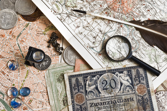 old money,map and feather