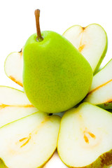Green sliced pear isolated on white