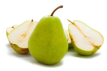 Green sliced pear isolated on white