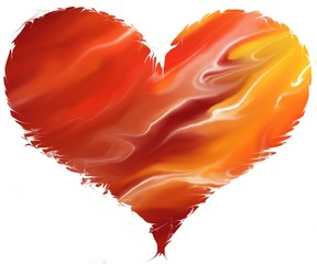 Abstract heart of hot flames of fire or fiery texture in red orange and yellow. Valentines day heart, creative passionate design.