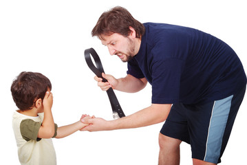 Young father is punishing his little son, isolated