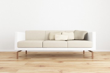 white couch to face a blank white wall - with parquet floor
