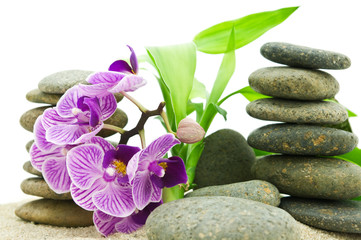 Fototapeta na wymiar pink orchid, stack of stones and bamboo leaves